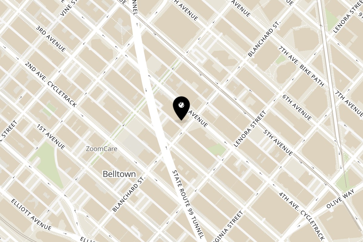 Map showing the location of Deli Shez Cafe on 318 Blanchard St in Seattle
